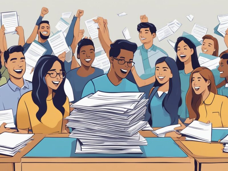 A stack of scholarship application forms with "UNC MBA Scholarships" printed on them, surrounded by a group of excited and determined students