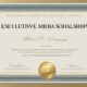 A golden scholarship certificate with "Executive MBA Full Scholarship" displayed prominently