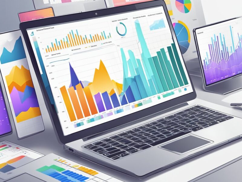 A laptop displaying business analytics data with charts and graphs