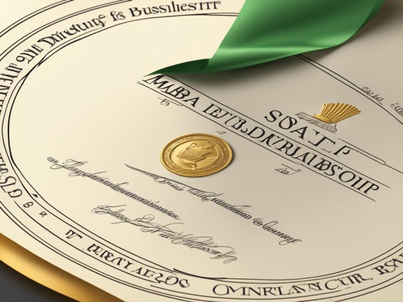 An MBA diploma with a golden full scholarship seal